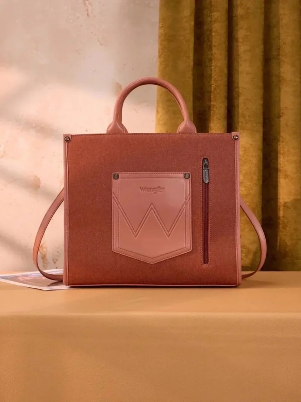Wrangler Aztec Studded Denim Tote & Crossbody Bag- Pink